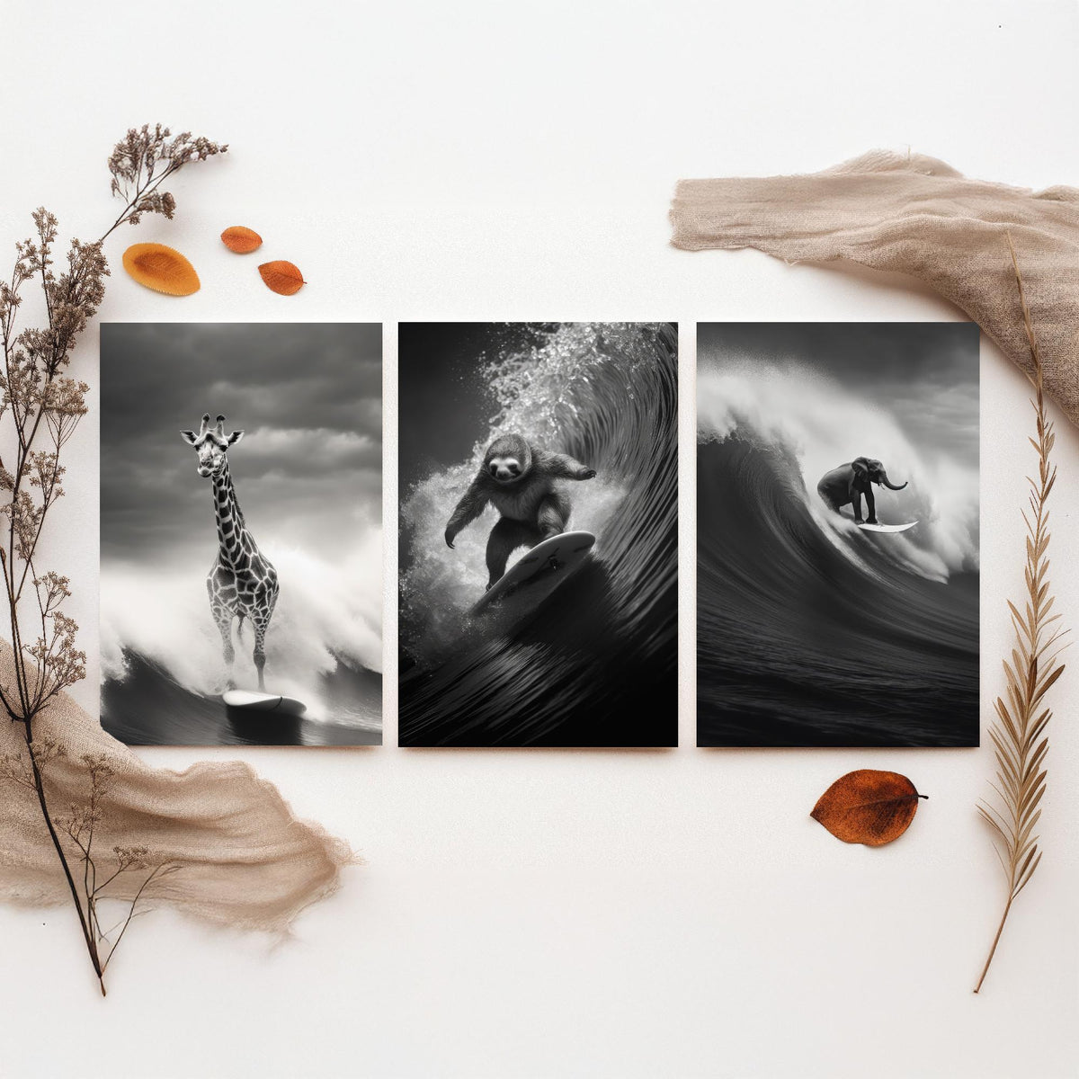 Surfing Animals Set of Three Art Prints - Giraffe, Sloth and Elephant - Funny Black and White Photo Poster