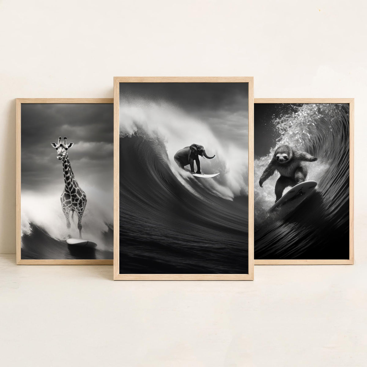 Surfing Animals Set of Three Art Prints - Giraffe, Sloth and Elephant - Funny Black and White Photo Poster