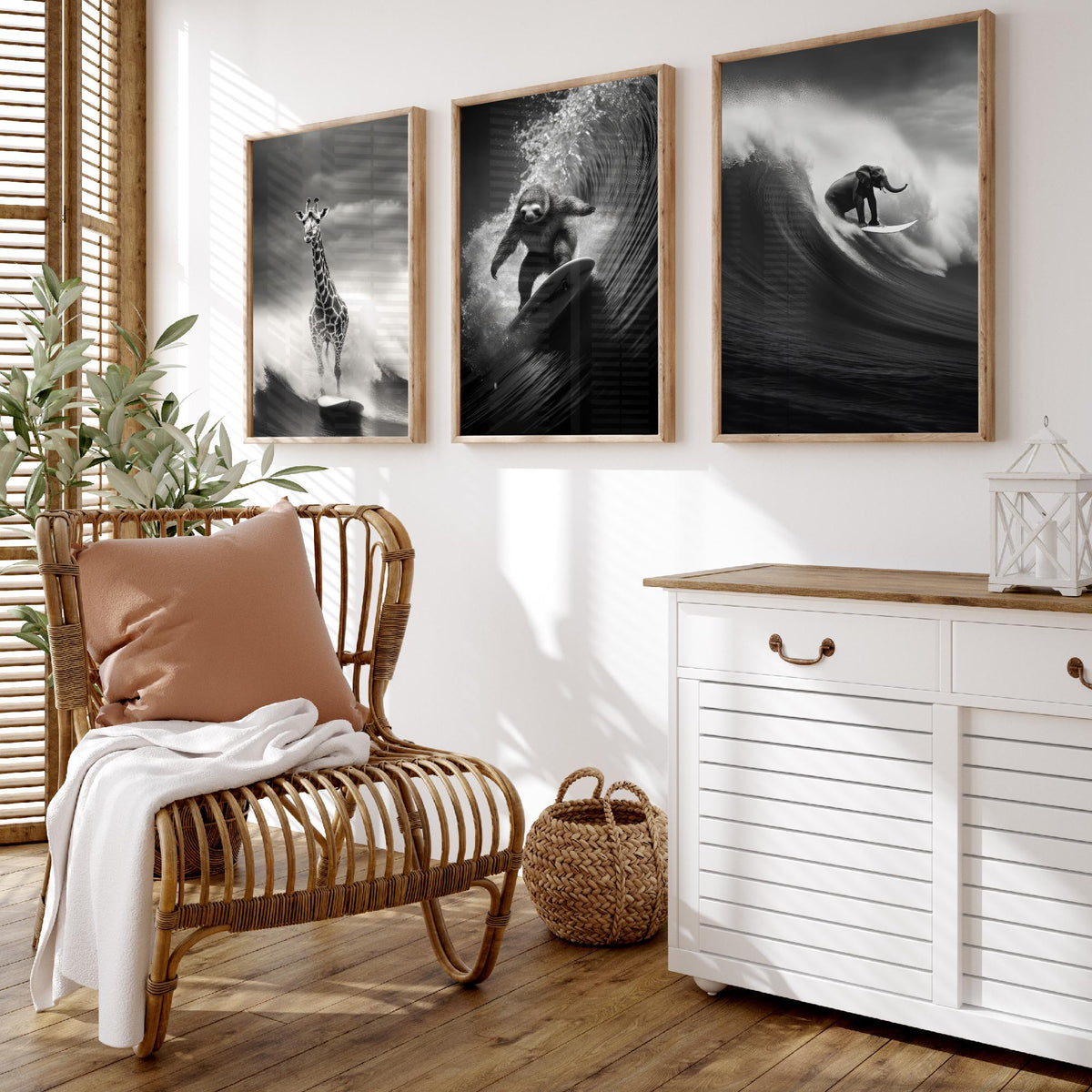 Surfing Animals Set of Three Art Prints - Giraffe, Sloth and Elephant - Funny Black and White Photo Poster
