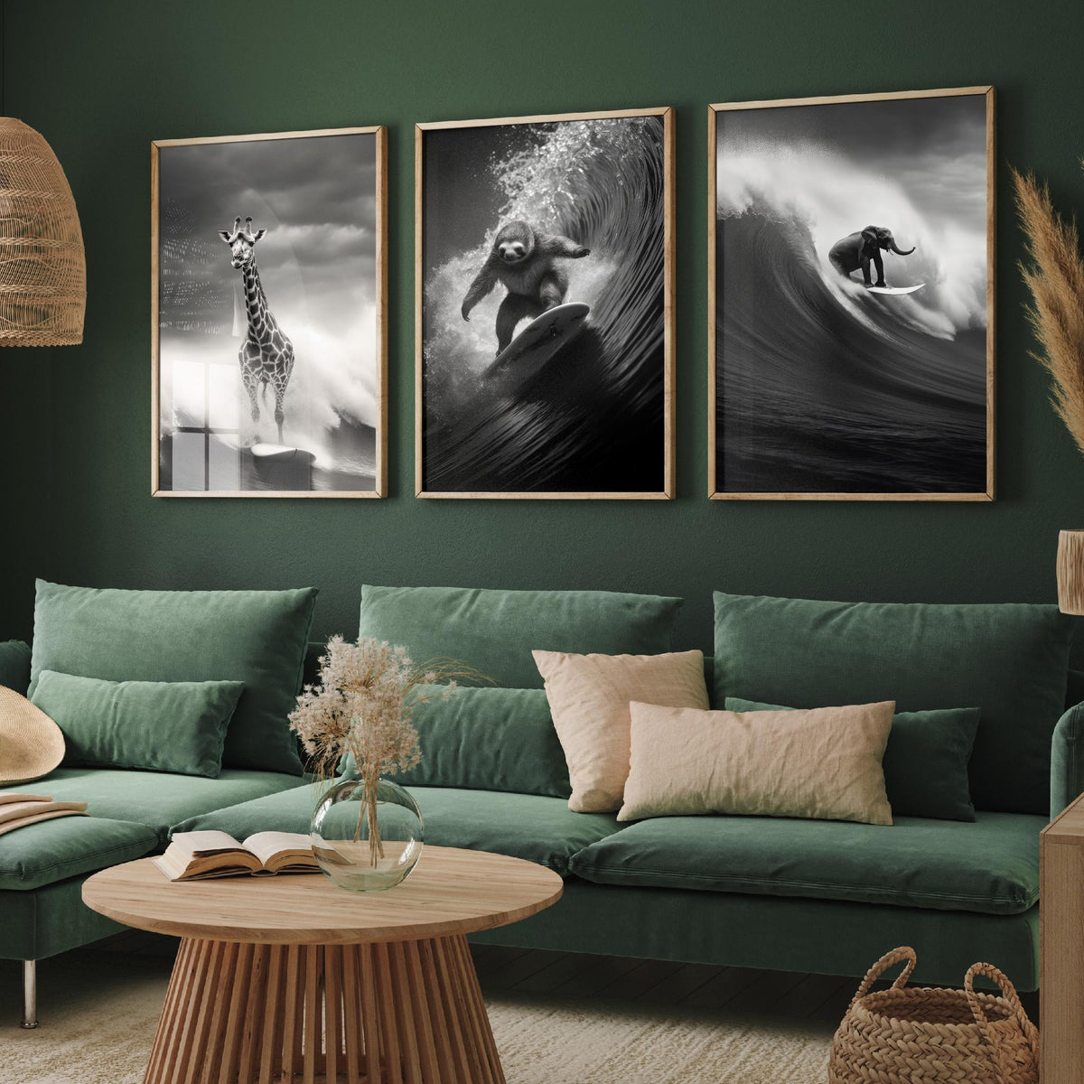 Surfing Animals Set of Three Art Prints - Giraffe, Sloth and Elephant - Funny Black and White Photo Poster