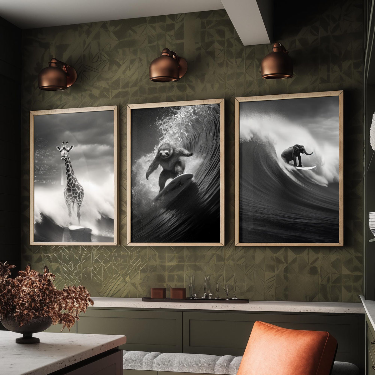 Surfing Animals Set of Three Art Prints - Giraffe, Sloth and Elephant - Funny Black and White Photo Poster