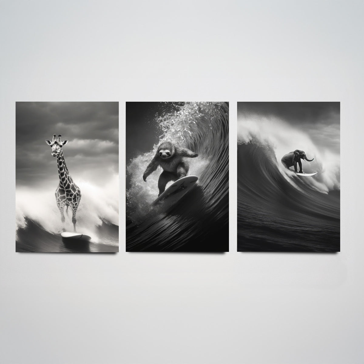 Surfing Animals Set of Three Art Prints - Giraffe, Sloth and Elephant - Funny Black and White Photo Poster