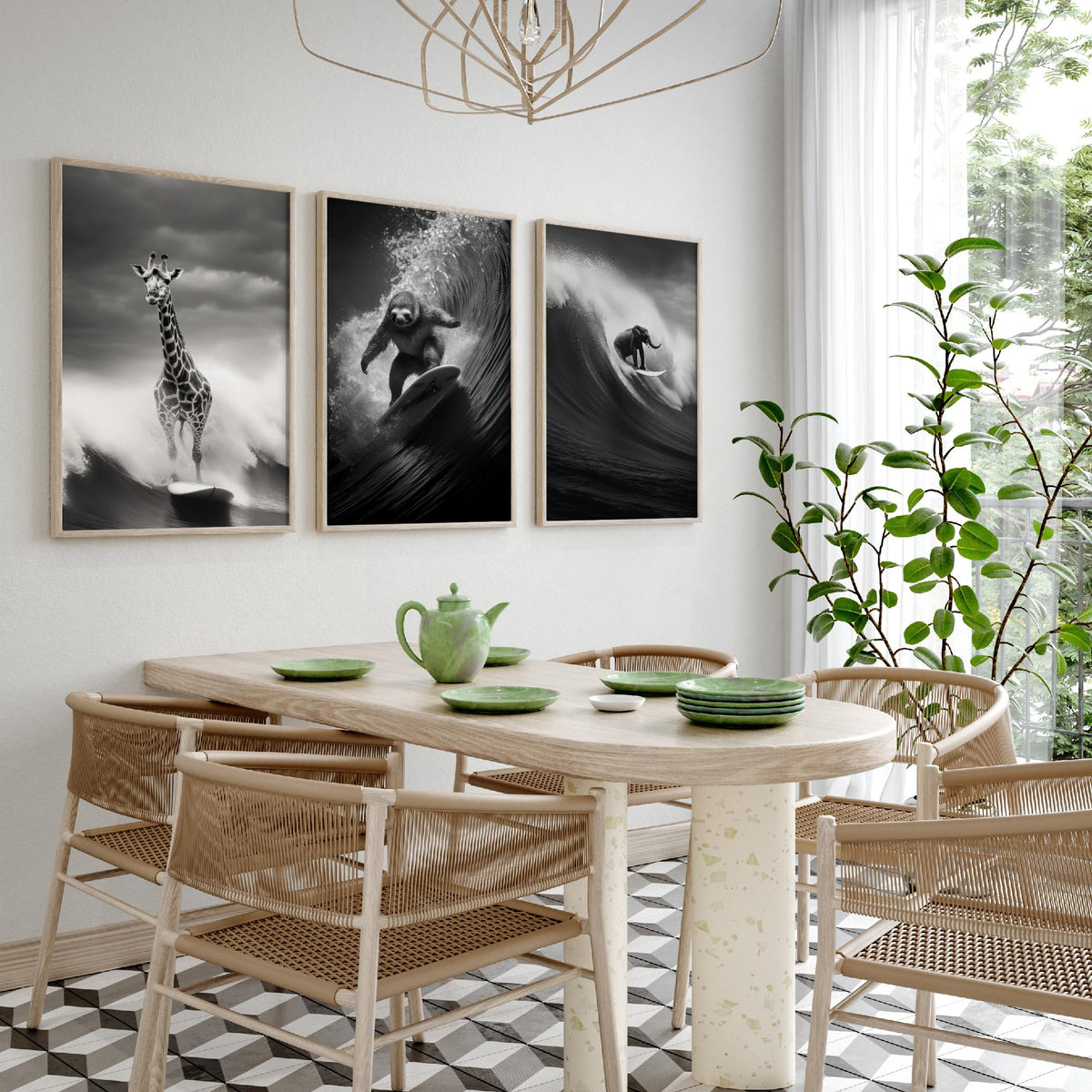 Surfing Animals Set of Three Art Prints - Giraffe, Sloth and Elephant - Funny Black and White Photo Poster