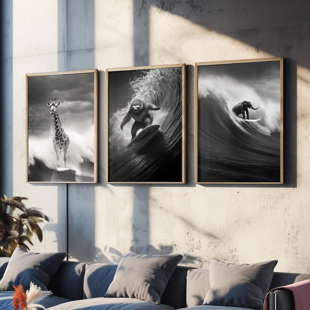 Surfing Animals Set of Three Art Prints - Giraffe, Sloth and Elephant - Funny Black and White Photo Poster