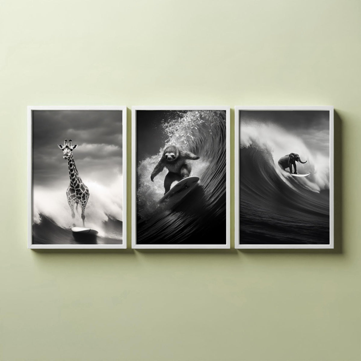 Surfing Animals Set of Three Art Prints - Giraffe, Sloth and Elephant - Funny Black and White Photo Poster