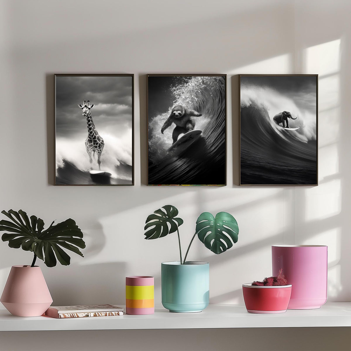 Surfing Animals Set of Three Art Prints - Giraffe, Sloth and Elephant - Funny Black and White Photo Poster