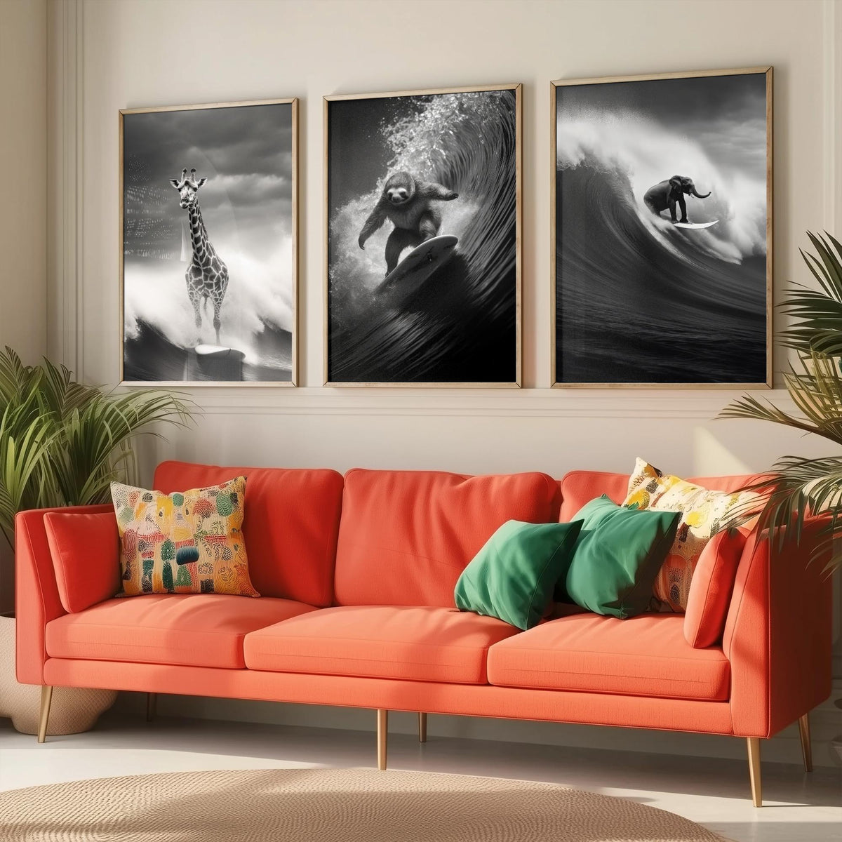 Surfing Animals Set of Three Art Prints - Giraffe, Sloth and Elephant - Funny Black and White Photo Poster