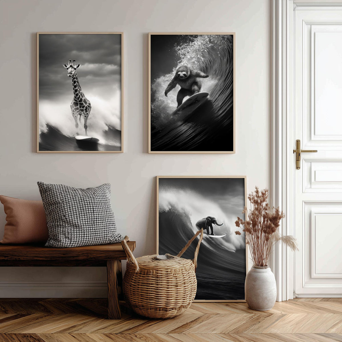 Surfing Animals Set of Three Art Prints - Giraffe, Sloth and Elephant - Funny Black and White Photo Poster