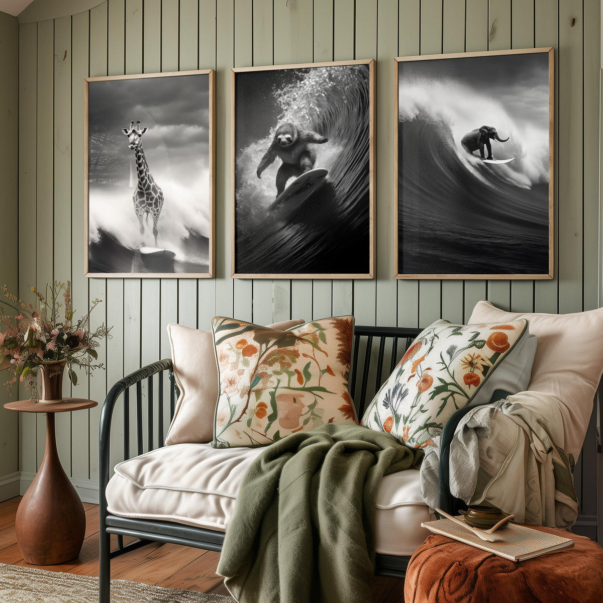 Surfing Animals Set of Three Art Prints - Giraffe, Sloth and Elephant - Funny Black and White Photo Poster