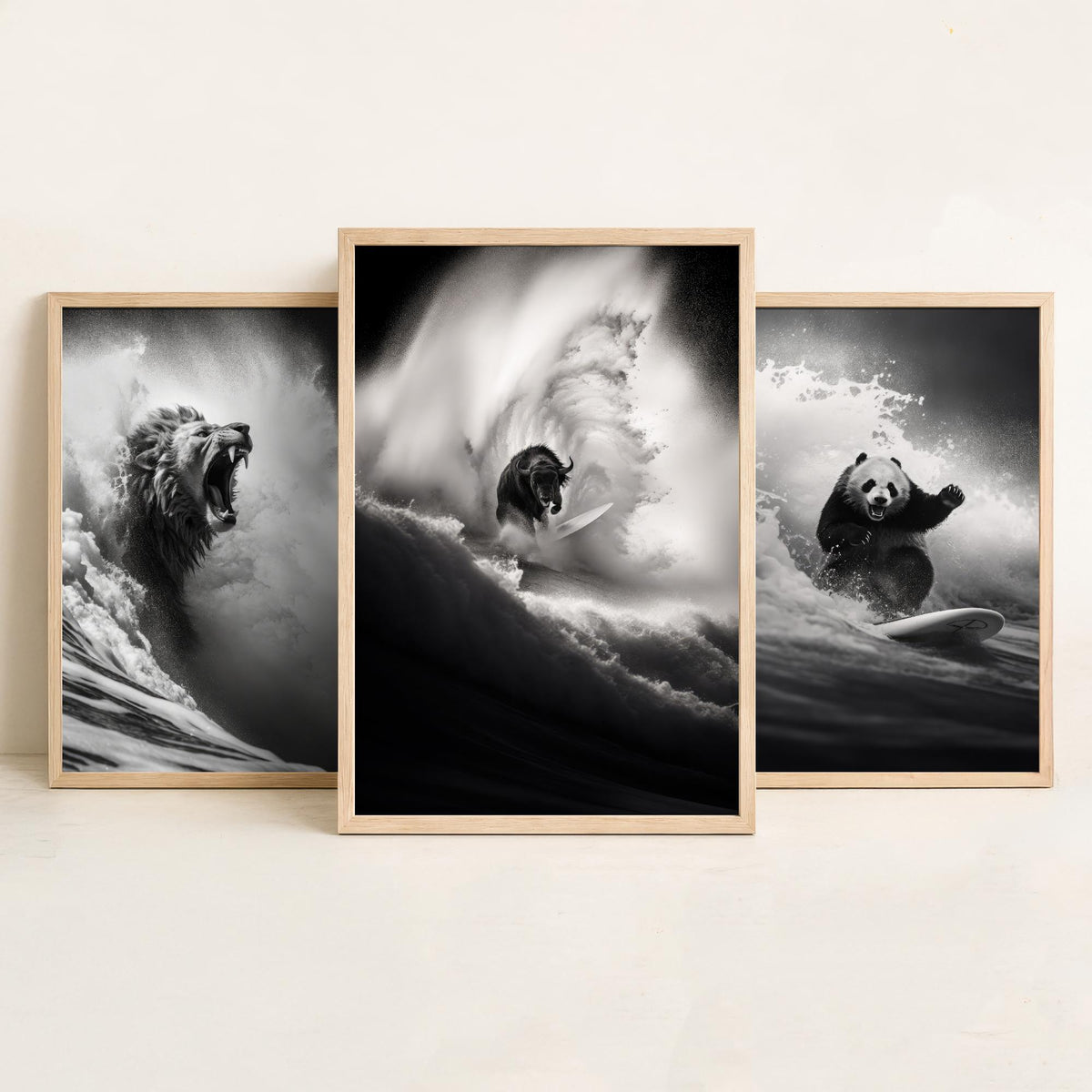 Surfing Animals Set of Three Art Prints - Lion, Panda and Bison - Funny Black and White Photo Poster
