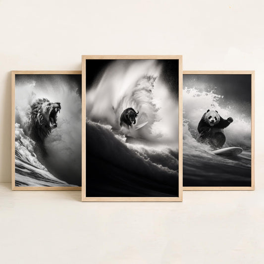Surfing Animals Set of Three Art Prints - Lion, Panda and Bison - Funny Black and White Photo Poster