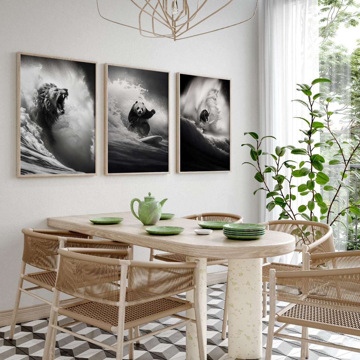 Surfing Animals Set of Three Art Prints - Lion, Panda and Bison - Funny Black and White Photo Poster