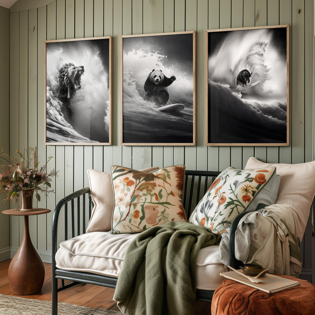 Surfing Animals Set of Three Art Prints - Lion, Panda and Bison - Funny Black and White Photo Poster