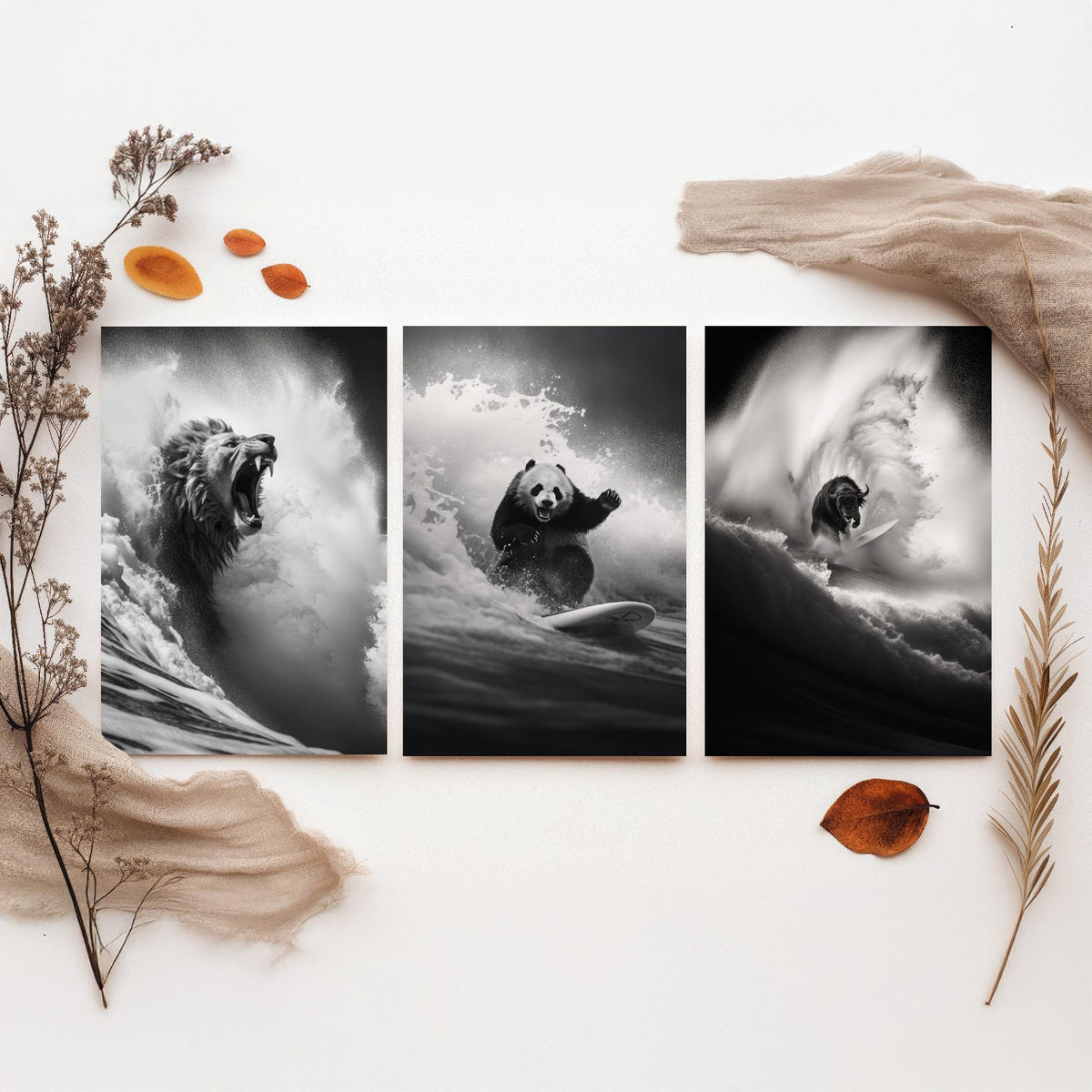 Surfing Animals Set of Three Art Prints - Lion, Panda and Bison - Funny Black and White Photo Poster