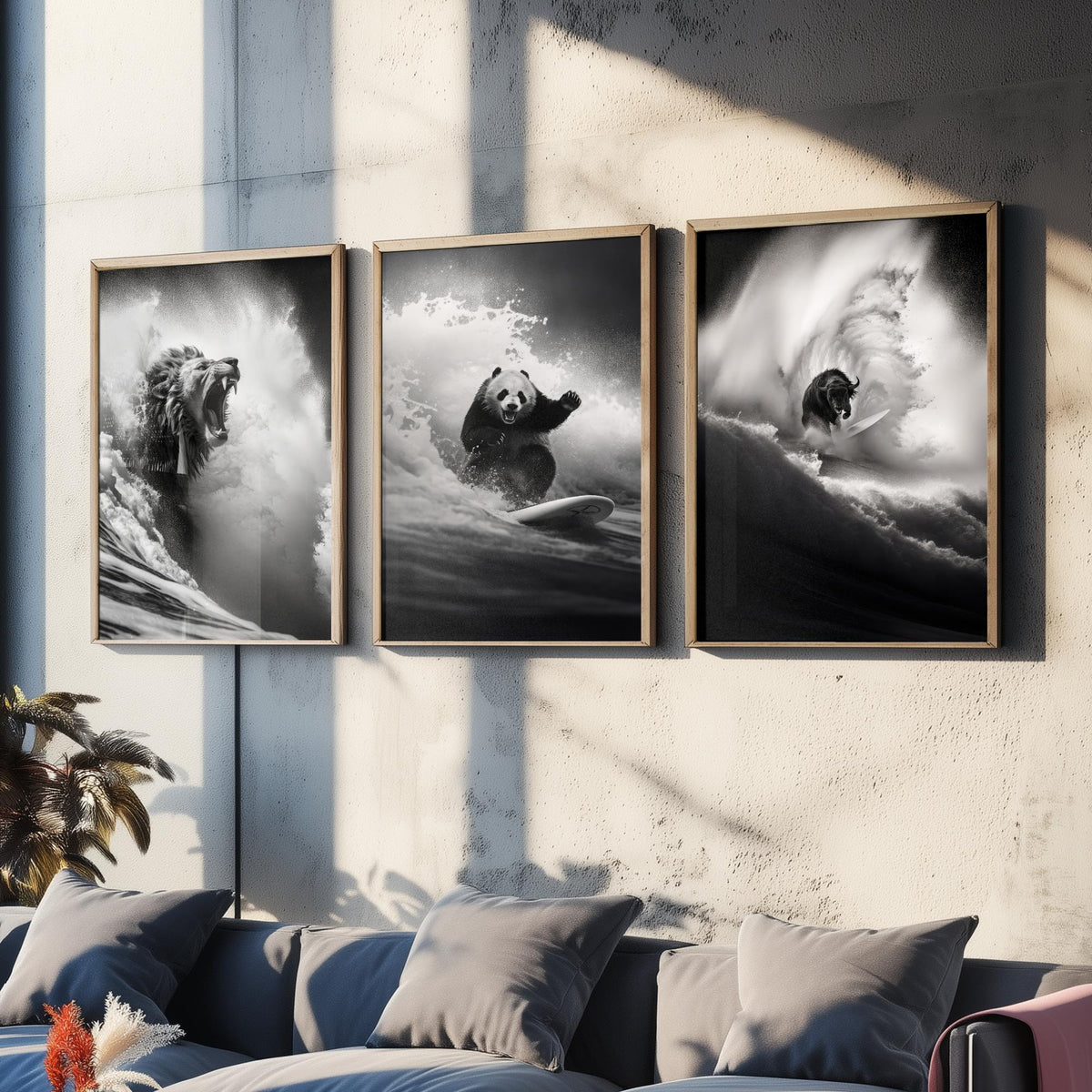 Surfing Animals Set of Three Art Prints - Lion, Panda and Bison - Funny Black and White Photo Poster