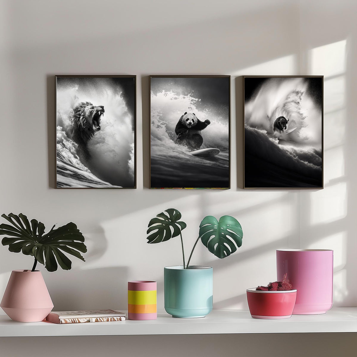 Surfing Animals Set of Three Art Prints - Lion, Panda and Bison - Funny Black and White Photo Poster