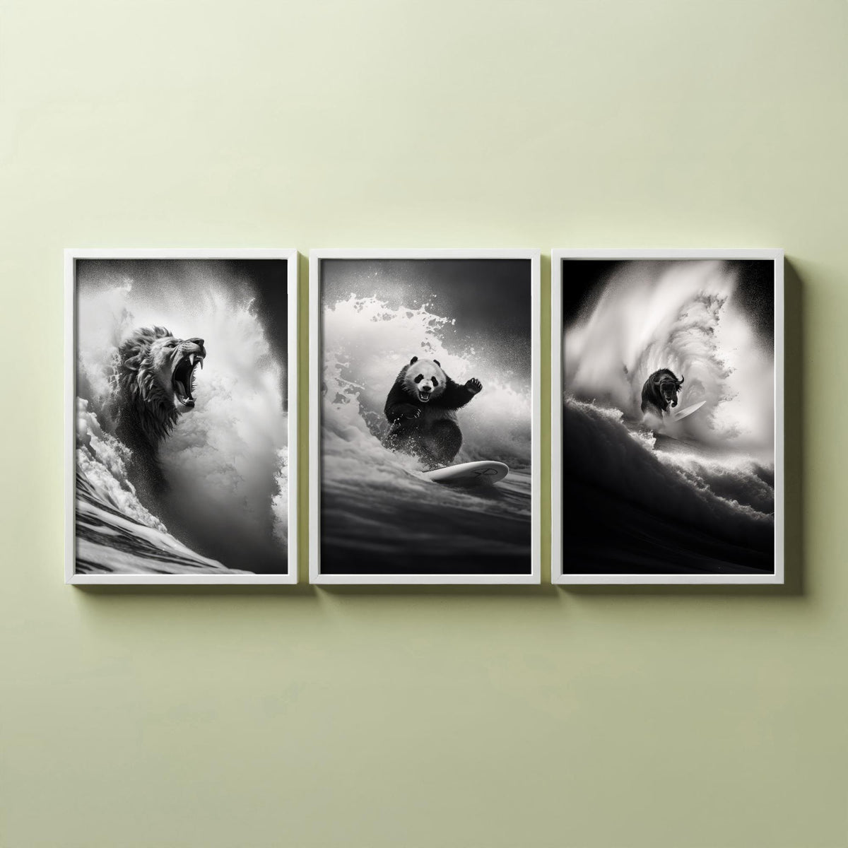 Surfing Animals Set of Three Art Prints - Lion, Panda and Bison - Funny Black and White Photo Poster