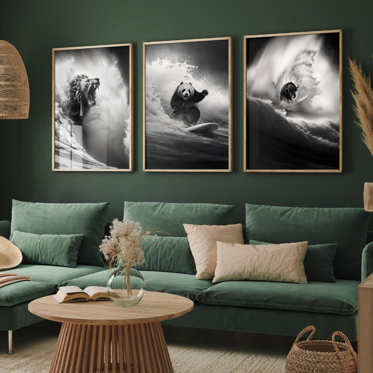 Surfing Animals Set of Three Art Prints - Lion, Panda and Bison - Funny Black and White Photo Poster