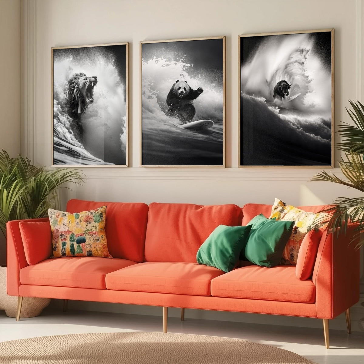 Surfing Animals Set of Three Art Prints - Lion, Panda and Bison - Funny Black and White Photo Poster