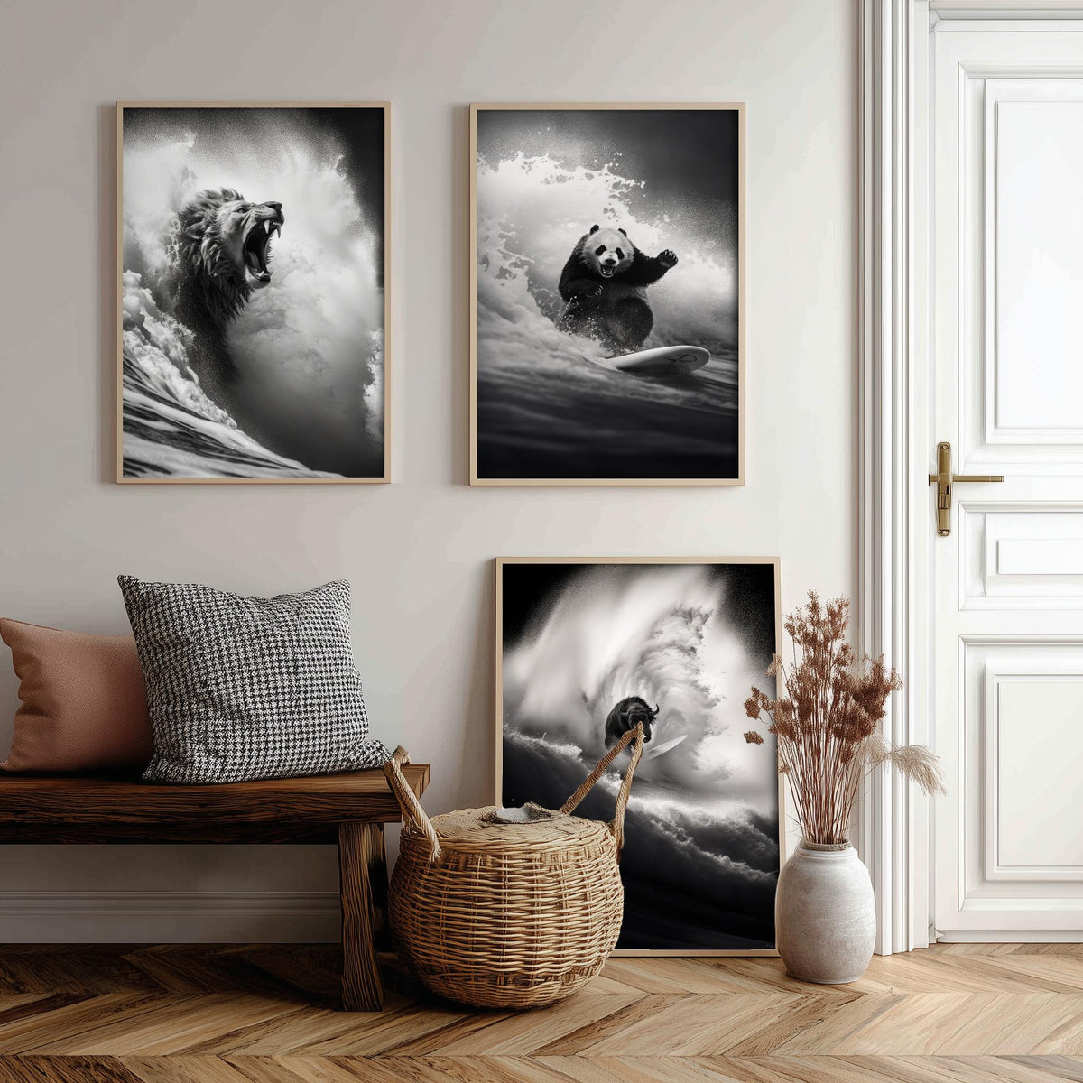 Surfing Animals Set of Three Art Prints - Lion, Panda and Bison - Funny Black and White Photo Poster