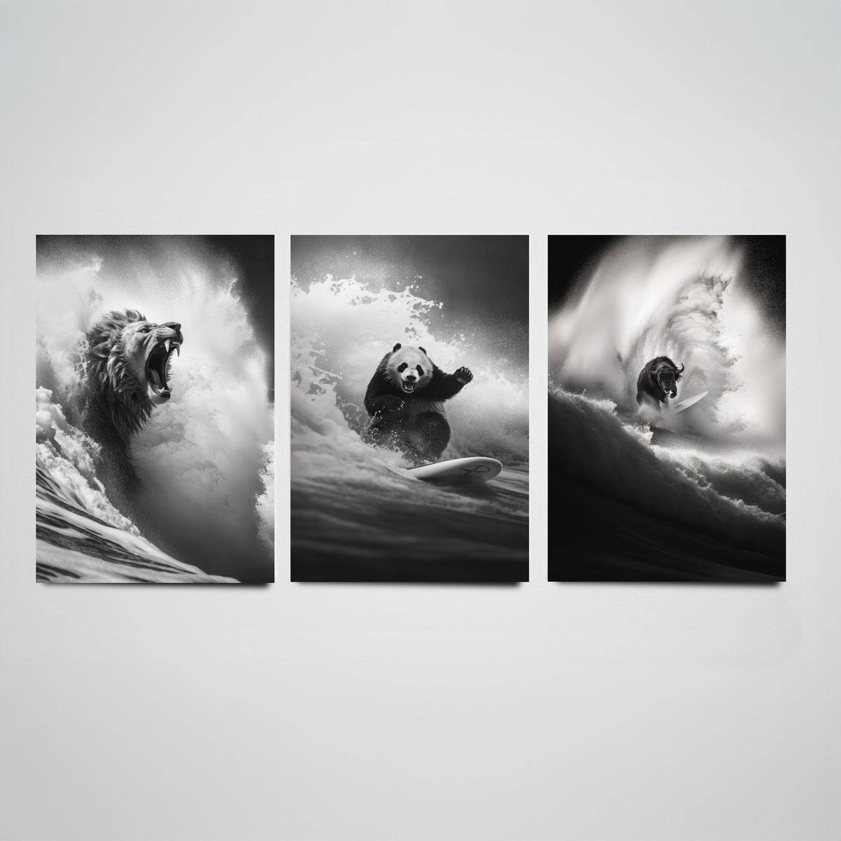 Surfing Animals Set of Three Art Prints - Lion, Panda and Bison - Funny Black and White Photo Poster