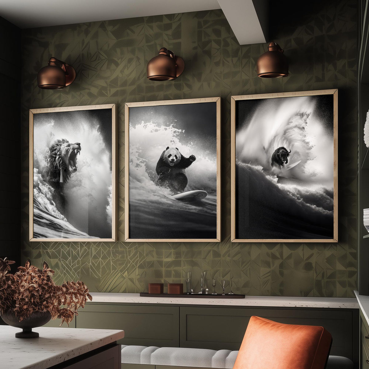 Surfing Animals Set of Three Art Prints - Lion, Panda and Bison - Funny Black and White Photo Poster