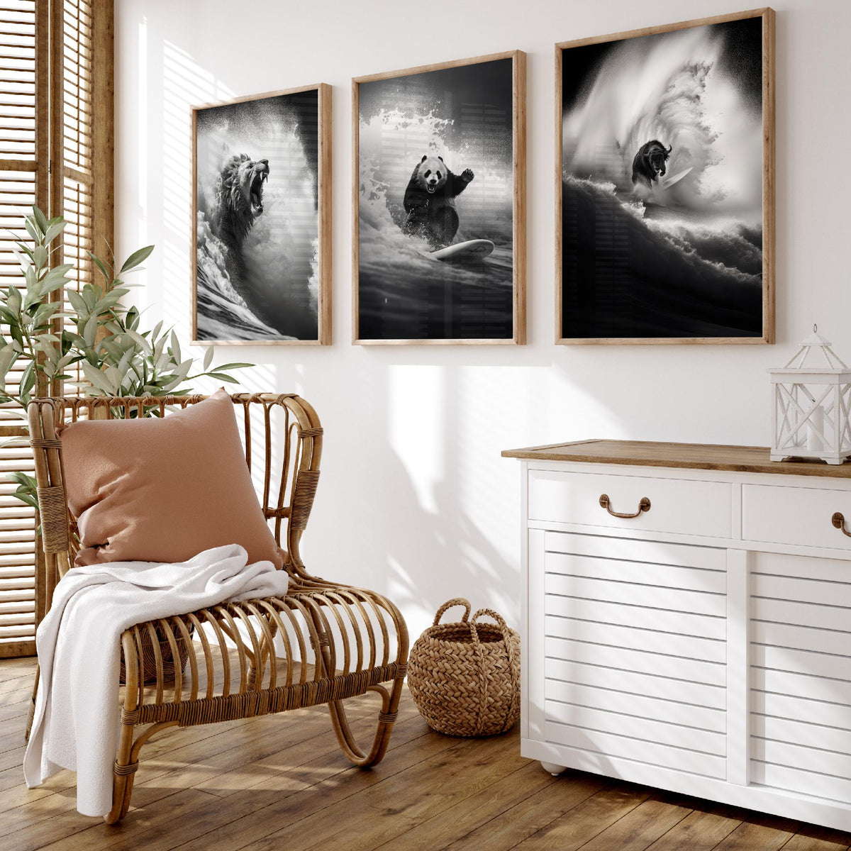 Surfing Animals Set of Three Art Prints - Lion, Panda and Bison - Funny Black and White Photo Poster