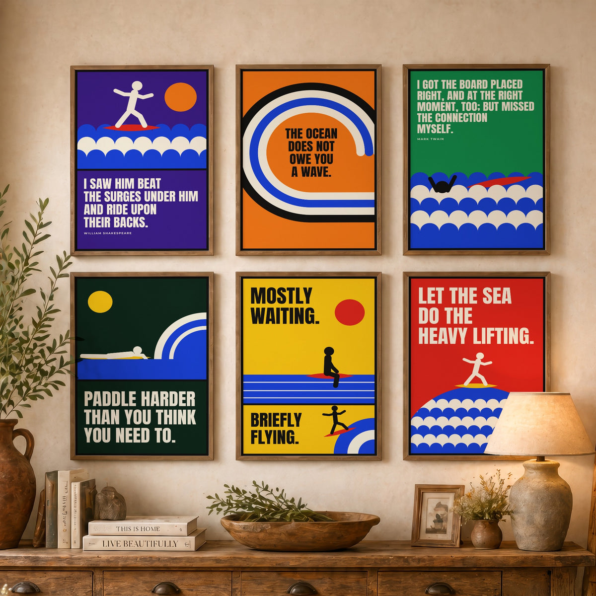 Set of Six Surfing Quote Art Prints - 6 Bauhaus Surf Posters - Minimalist Sport Illustration - Waves, Surfboard