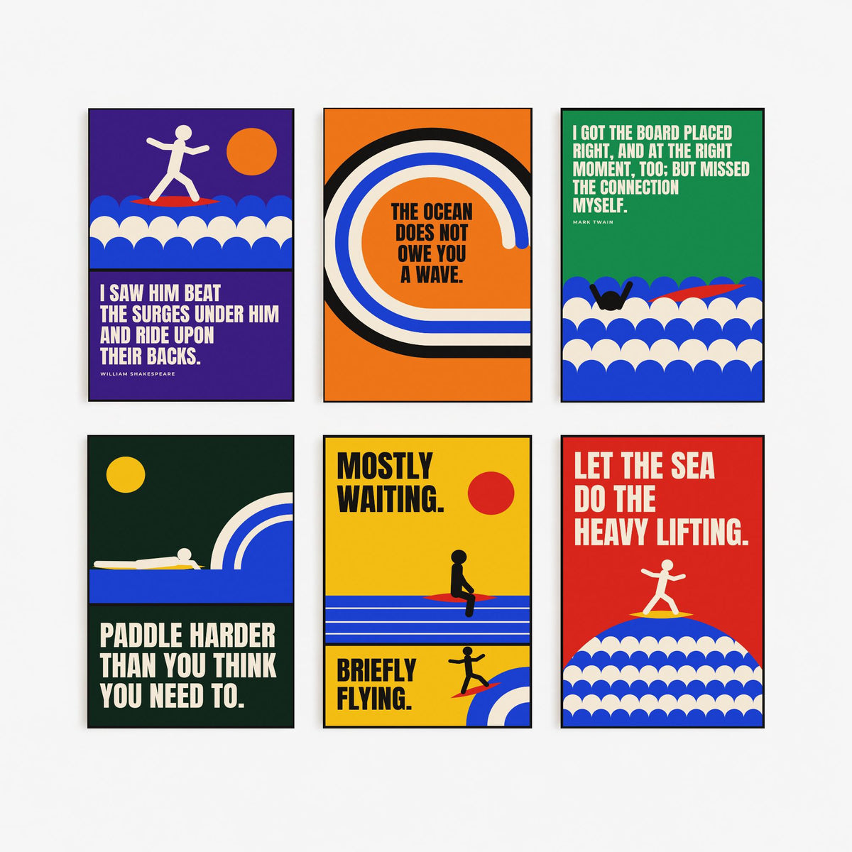 Set of Six Surfing Quote Art Prints - 6 Bauhaus Surf Posters - Minimalist Sport Illustration - Waves, Surfboard