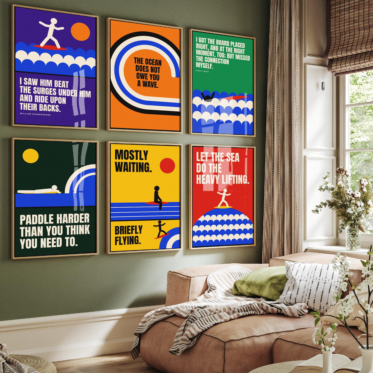 Set of Six Surfing Quote Art Prints - 6 Bauhaus Surf Posters - Minimalist Sport Illustration - Waves, Surfboard