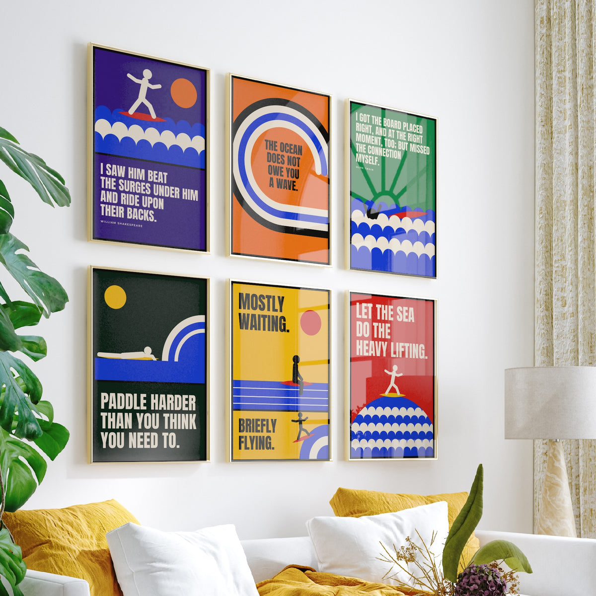 Set of Six Surfing Quote Art Prints - 6 Bauhaus Surf Posters - Minimalist Sport Illustration - Waves, Surfboard