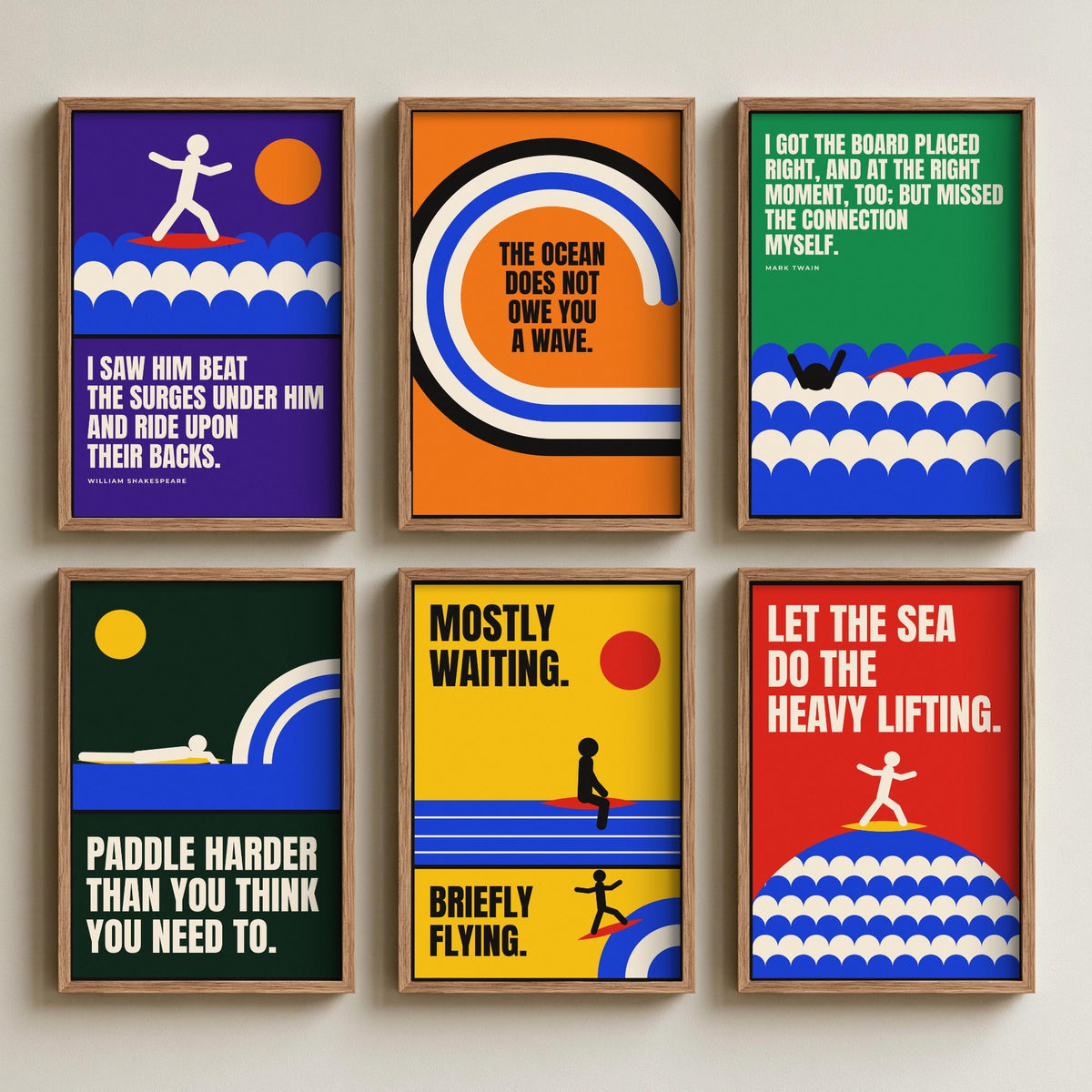 Set of Six Surfing Quote Art Prints - 6 Bauhaus Surf Posters - Minimalist Sport Illustration - Waves, Surfboard