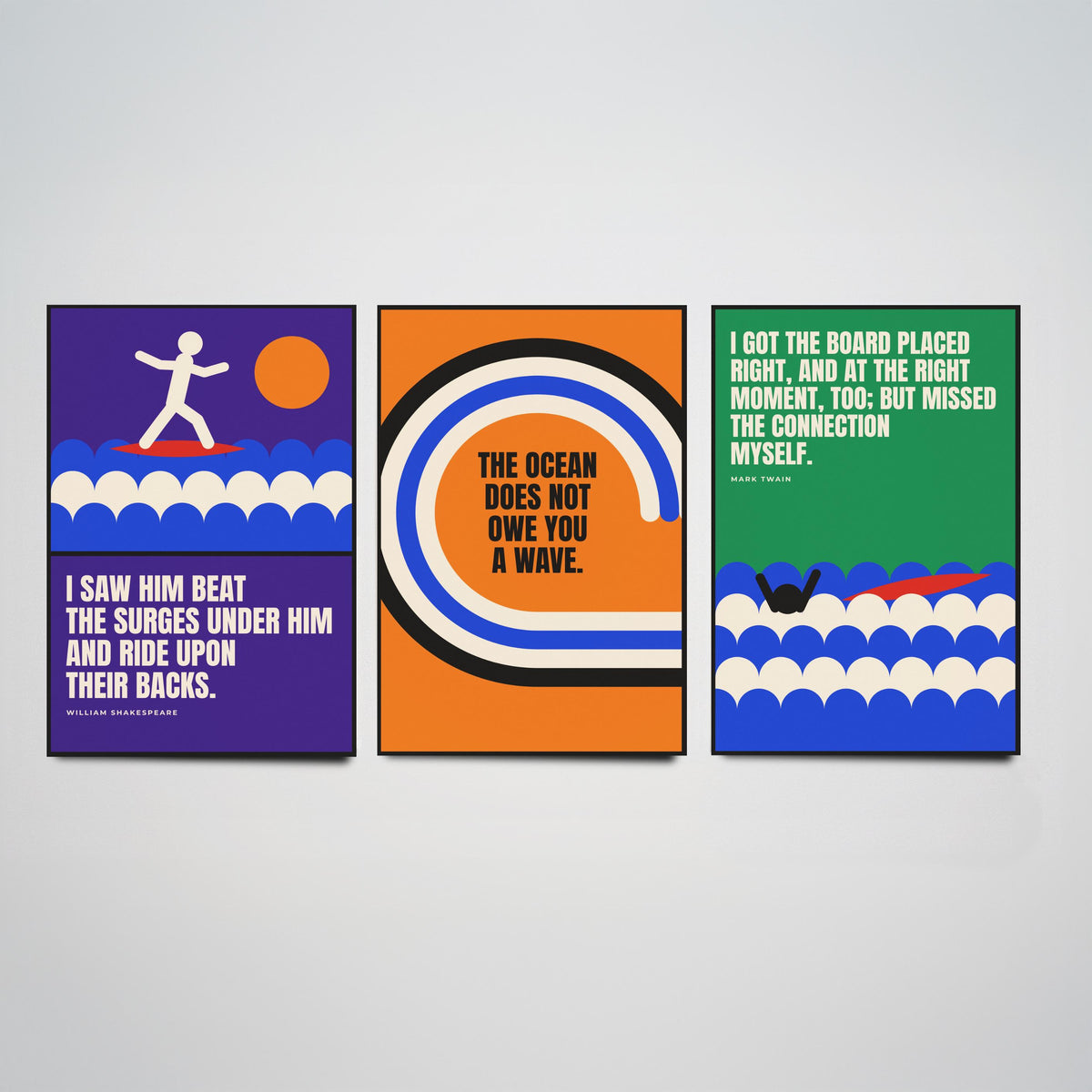 Surfing Quotes Set of Three Art Prints - 3 Bauhaus Surf Posters - Minimalist Sport Wall Art Illustration V1