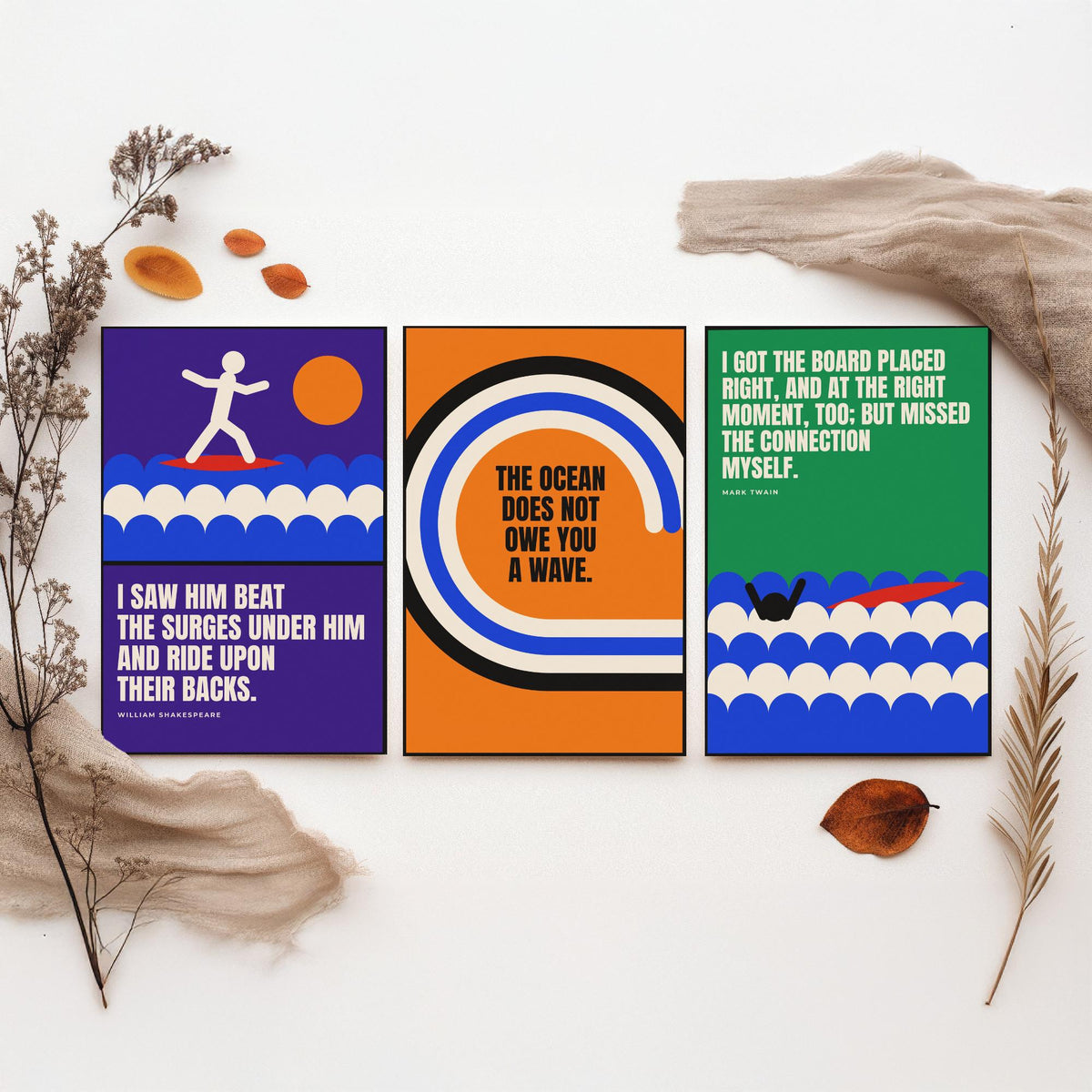 Surfing Quotes Set of Three Art Prints - 3 Bauhaus Surf Posters - Minimalist Sport Wall Art Illustration V1