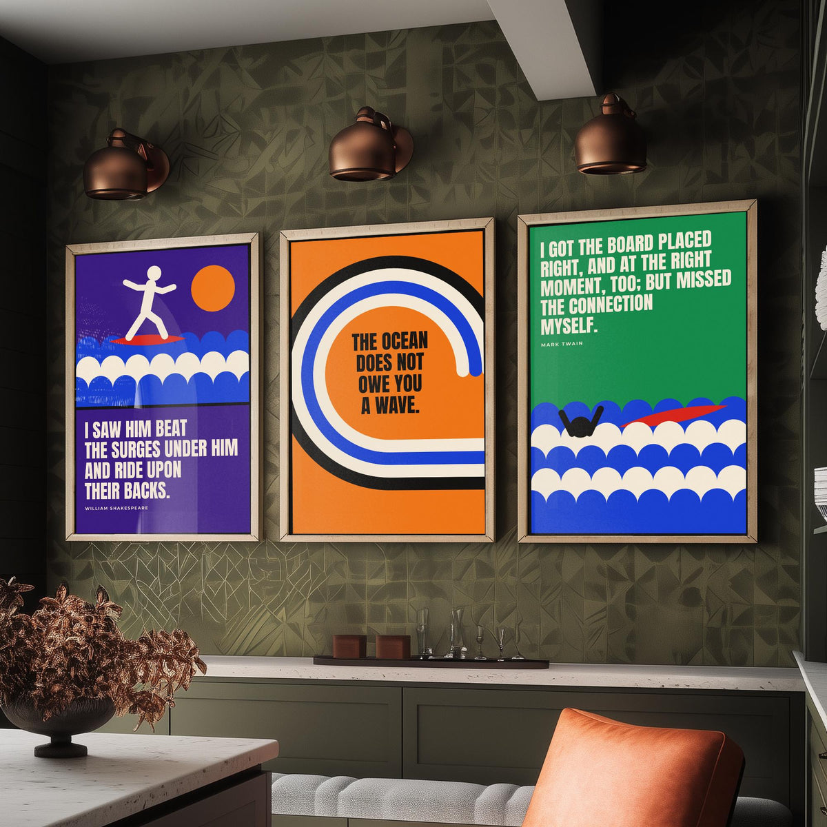 Surfing Quotes Set of Three Art Prints - 3 Bauhaus Surf Posters - Minimalist Sport Wall Art Illustration V1