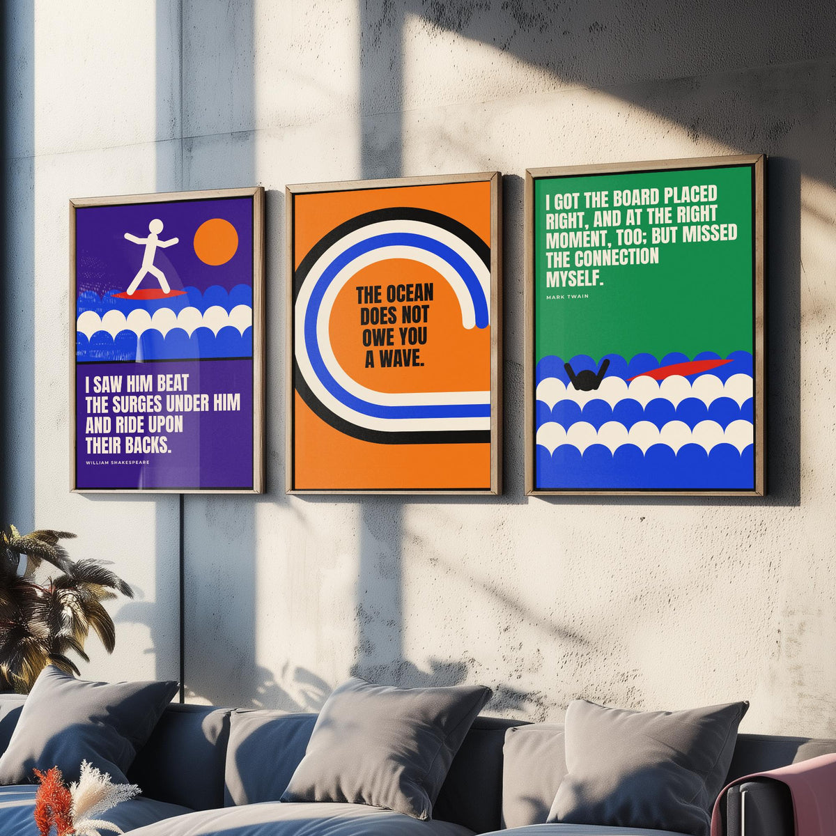 Surfing Quotes Set of Three Art Prints - 3 Bauhaus Surf Posters - Minimalist Sport Wall Art Illustration V1