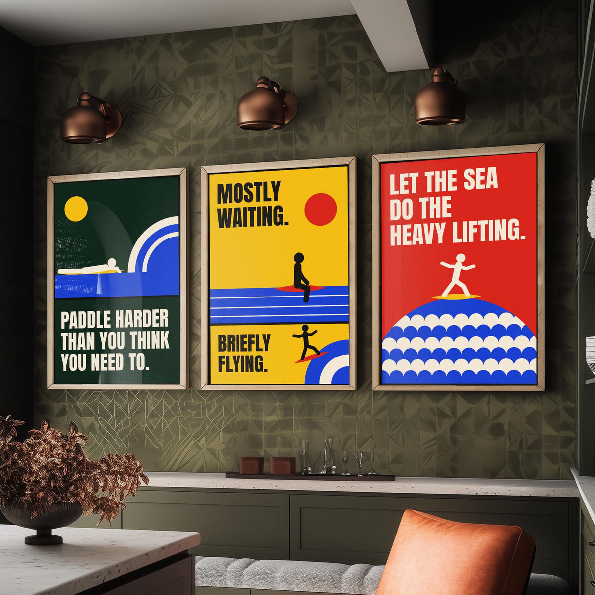 Surfing Quotes Set of Three Art Prints - 3 Retro Bauhaus Surf Posters - Minimalist Sport Wall Art Illustration V2