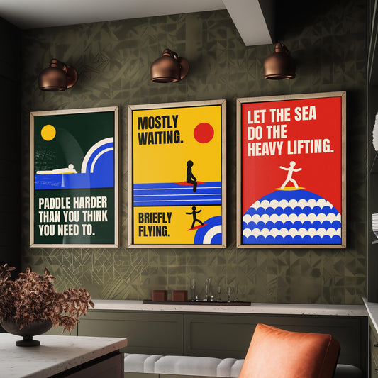 Surfing Quotes Set of Three Art Prints - 3 Retro Bauhaus Surf Posters - Minimalist Sport Wall Art Illustration V2