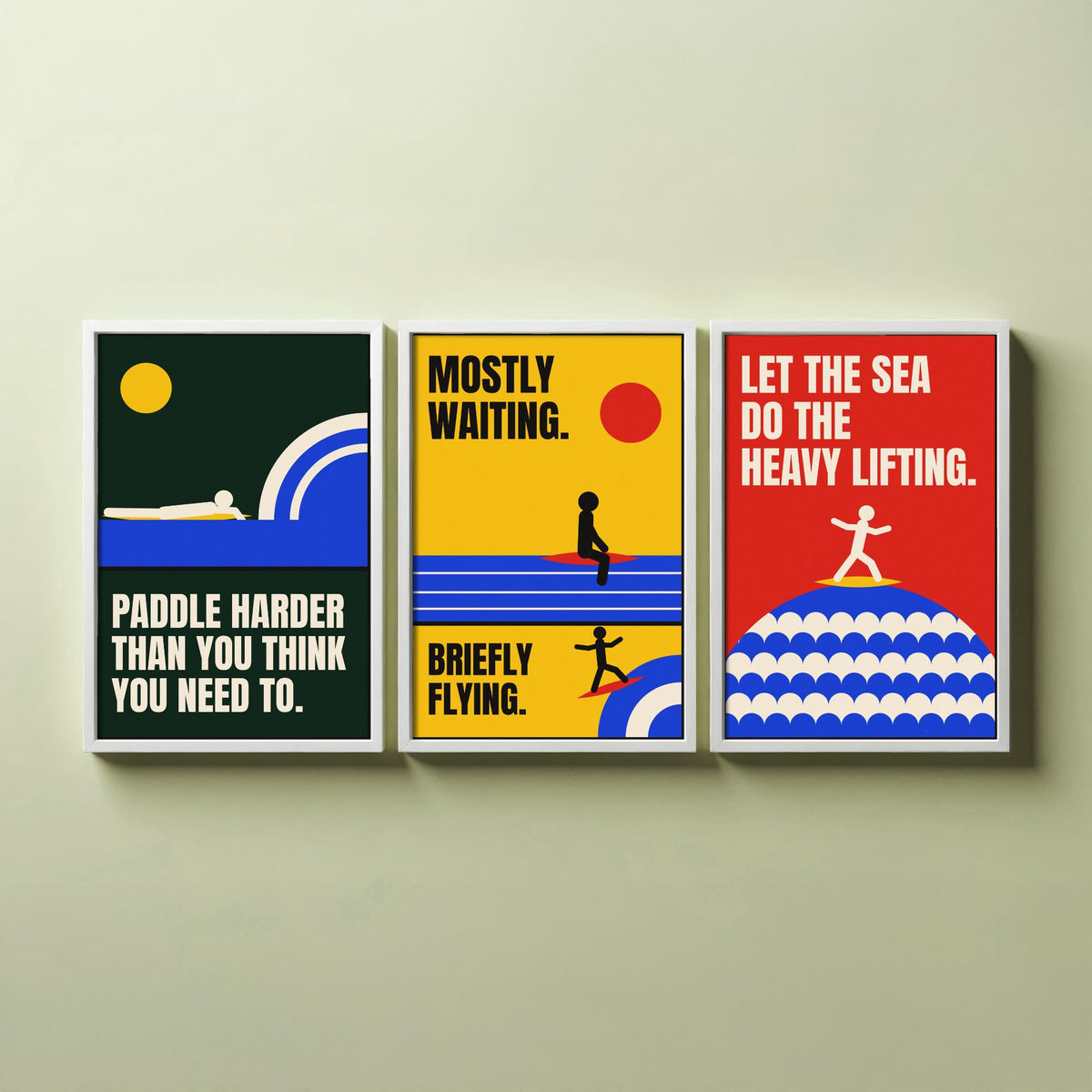 Surfing Quotes Set of Three Art Prints - 3 Retro Bauhaus Surf Posters - Minimalist Sport Wall Art Illustration V2
