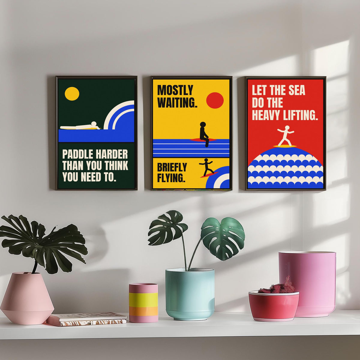 Surfing Quotes Set of Three Art Prints - 3 Retro Bauhaus Surf Posters - Minimalist Sport Wall Art Illustration V2