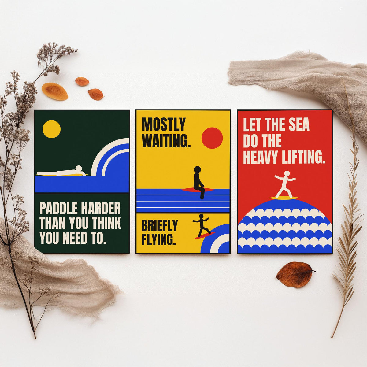 Surfing Quotes Set of Three Art Prints - 3 Retro Bauhaus Surf Posters - Minimalist Sport Wall Art Illustration V2