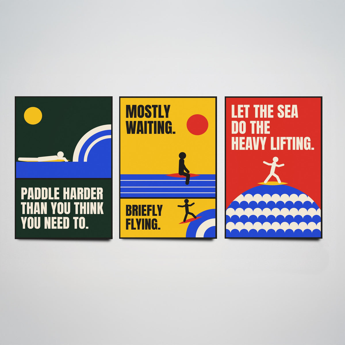 Surfing Quotes Set of Three Art Prints - 3 Retro Bauhaus Surf Posters - Minimalist Sport Wall Art Illustration V2