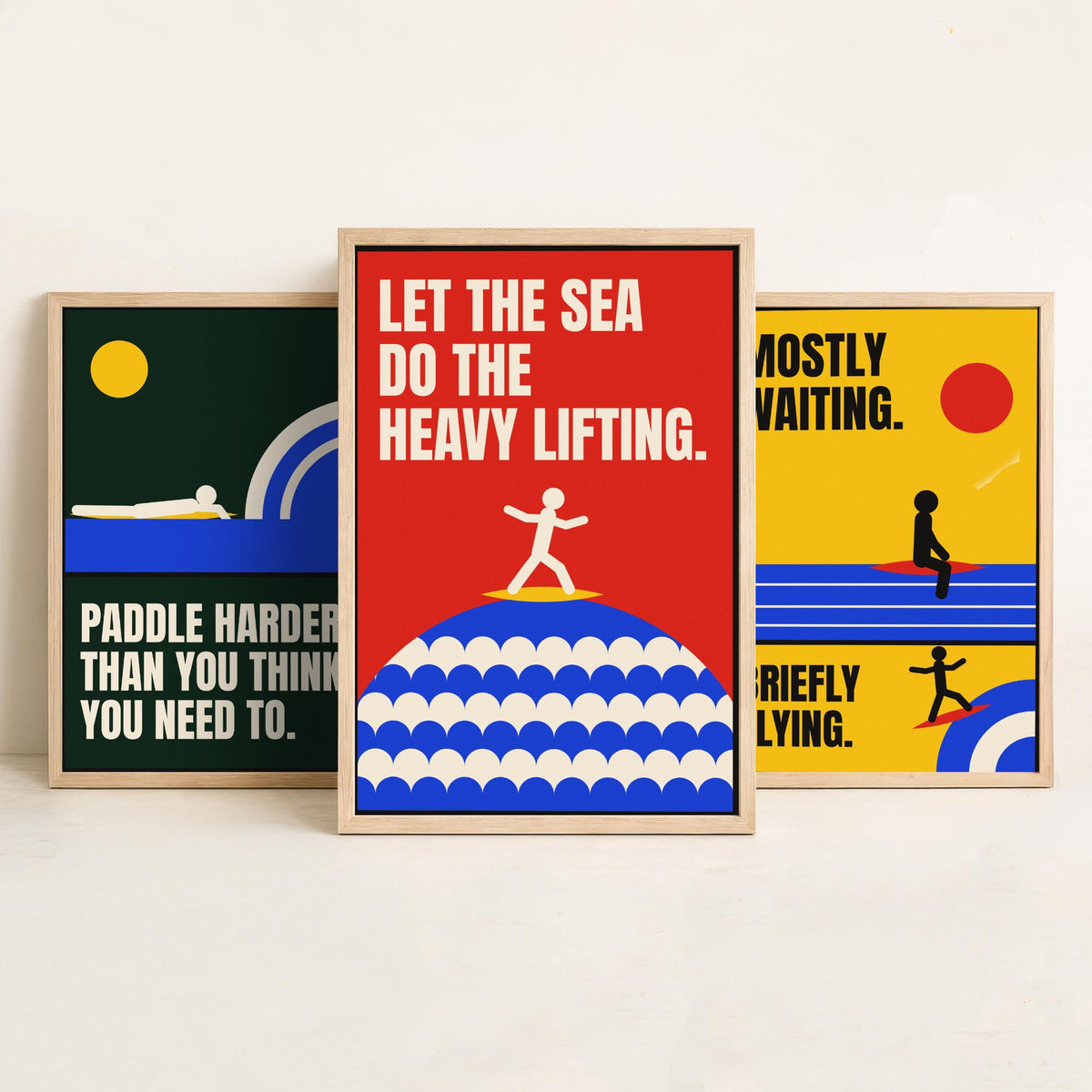Surfing Quotes Set of Three Art Prints - 3 Retro Bauhaus Surf Posters - Minimalist Sport Wall Art Illustration V2