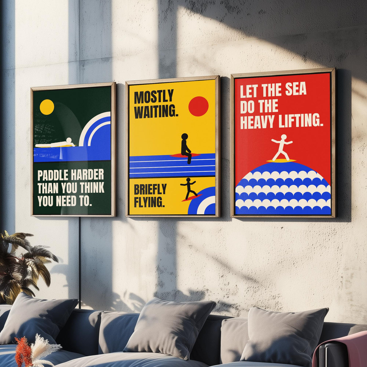 Surfing Quotes Set of Three Art Prints - 3 Retro Bauhaus Surf Posters - Minimalist Sport Wall Art Illustration V2