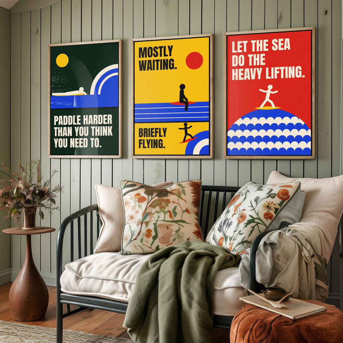 Surfing Quotes Set of Three Art Prints - 3 Retro Bauhaus Surf Posters - Minimalist Sport Wall Art Illustration V2