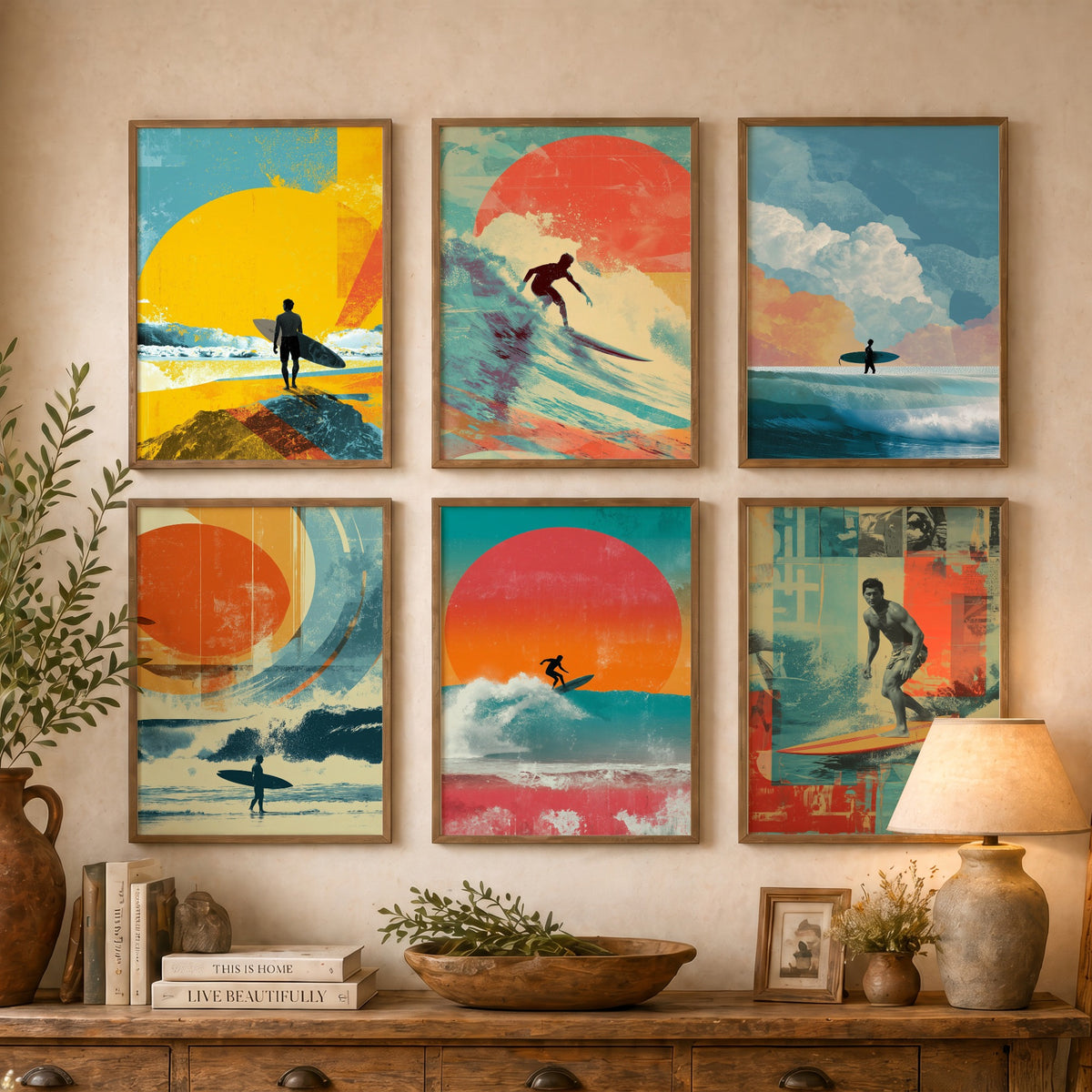 Set of Six Retro Surfing Art Prints - 6 Surf Collage Posters - Surfers, Big Waves, Setting Sun in Orange, Teal, Yellow Illustration
