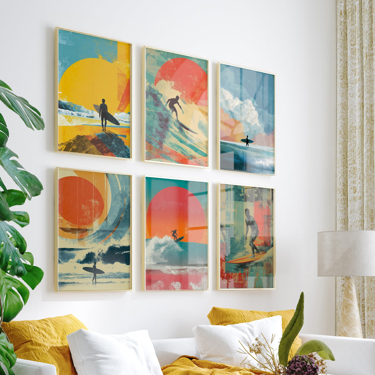 Set of Six Retro Surfing Art Prints - 6 Surf Collage Posters - Surfers, Big Waves, Setting Sun in Orange, Teal, Yellow Illustration