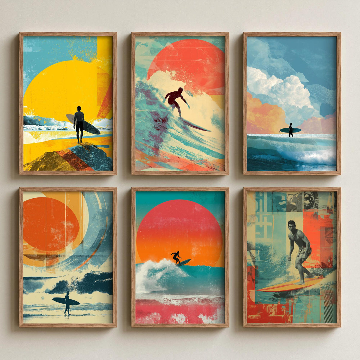 Set of Six Retro Surfing Art Prints - 6 Surf Collage Posters - Surfers, Big Waves, Setting Sun in Orange, Teal, Yellow Illustration