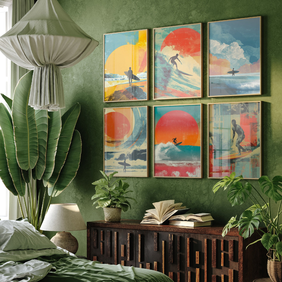 Set of Six Retro Surfing Art Prints - 6 Surf Collage Posters - Surfers, Big Waves, Setting Sun in Orange, Teal, Yellow Illustration