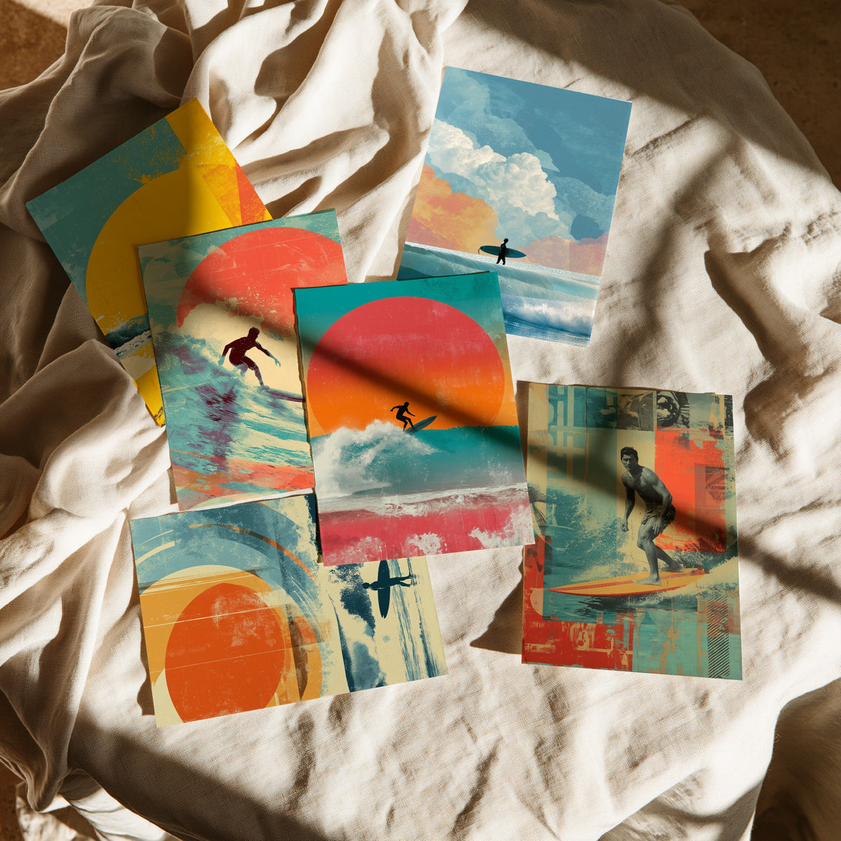 Set of Six Retro Surfing Art Prints - 6 Surf Collage Posters - Surfers, Big Waves, Setting Sun in Orange, Teal, Yellow Illustration